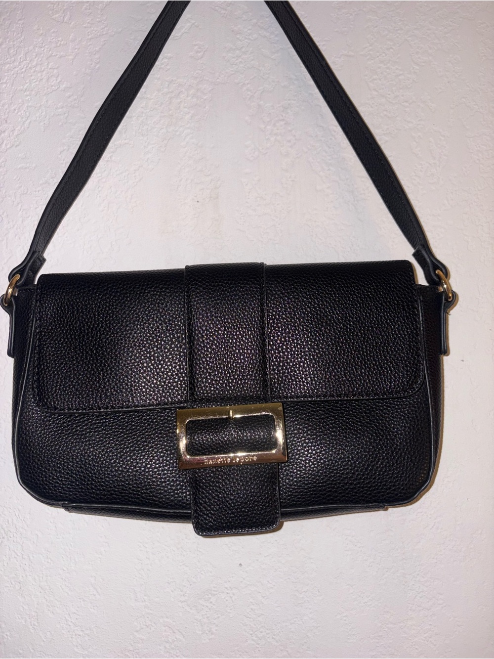Nanette Lepore Black Pebbled Leather Shoulder Bag with Gold Buckle